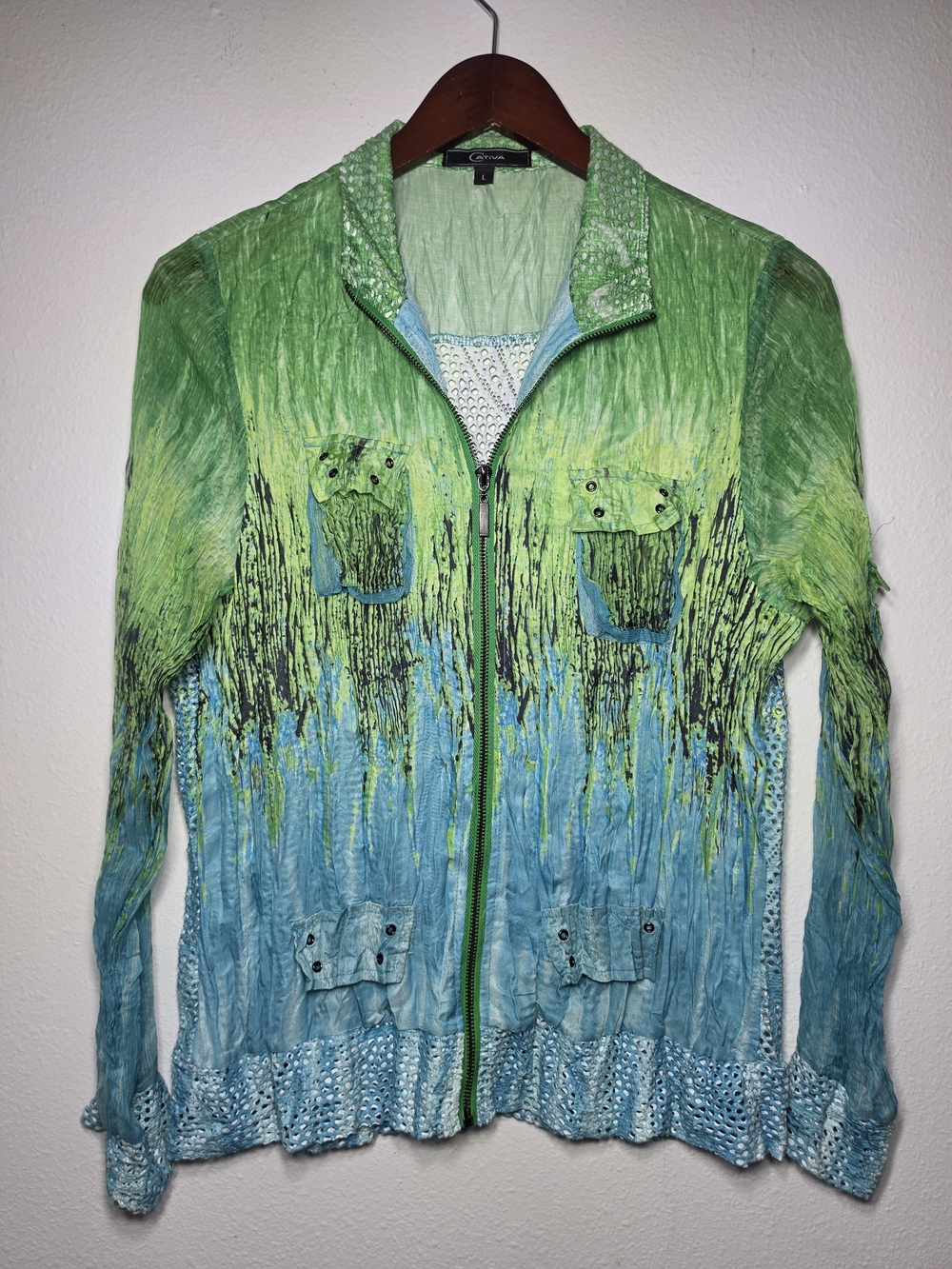 Cativa Large Mesh Green-Blue Sheer Ombre Zip Jacket
